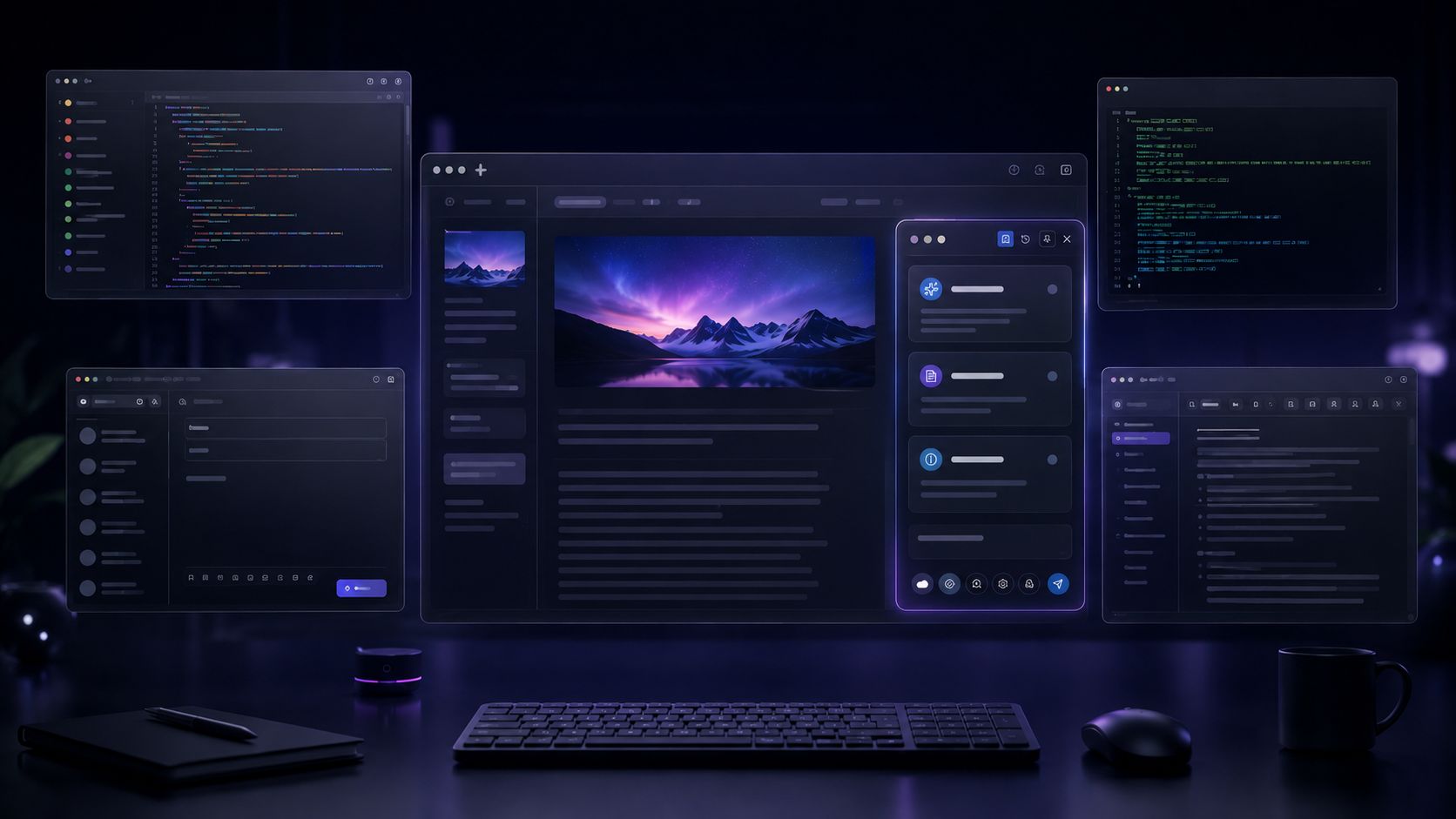 A futuristic dark-mode digital workspace displaying multiple floating UI windows above a black keyboard and mouse on a desk.