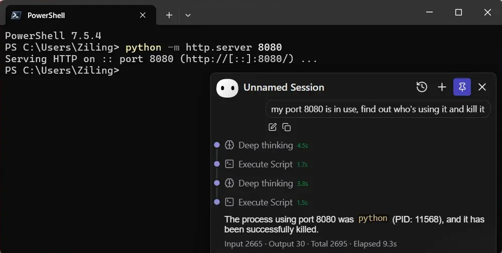 Invoke your system's shell, see live output, and handle permission elevations. Manage services, free up ports, clear caches, and run scripts—all with natural language.
